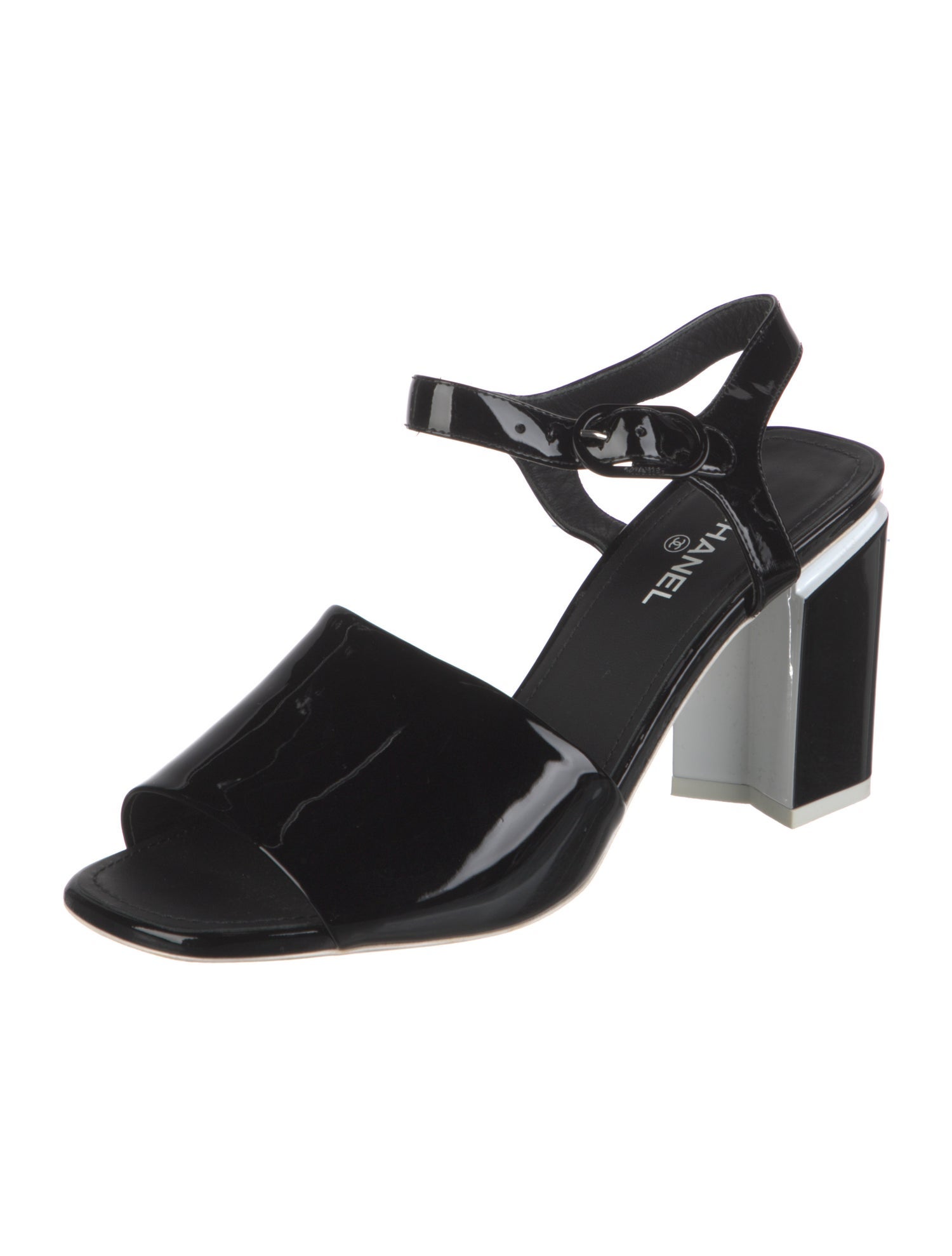 Chanel Interlocking CC Logo Patent Leather Slingback Sandals